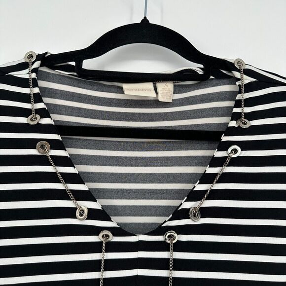 Chicos Womens Blouse Top Size 3 XL Black White Striped Chain Stretch Office Work - Picture 5 of 11